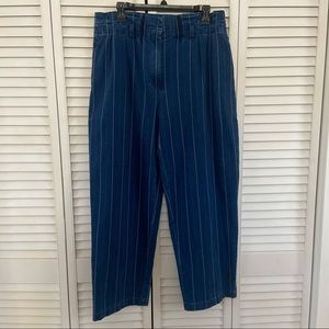J Crew Paper Bag Pants Indigo Stripe High Rise Blue White Size 8 Wide Leg